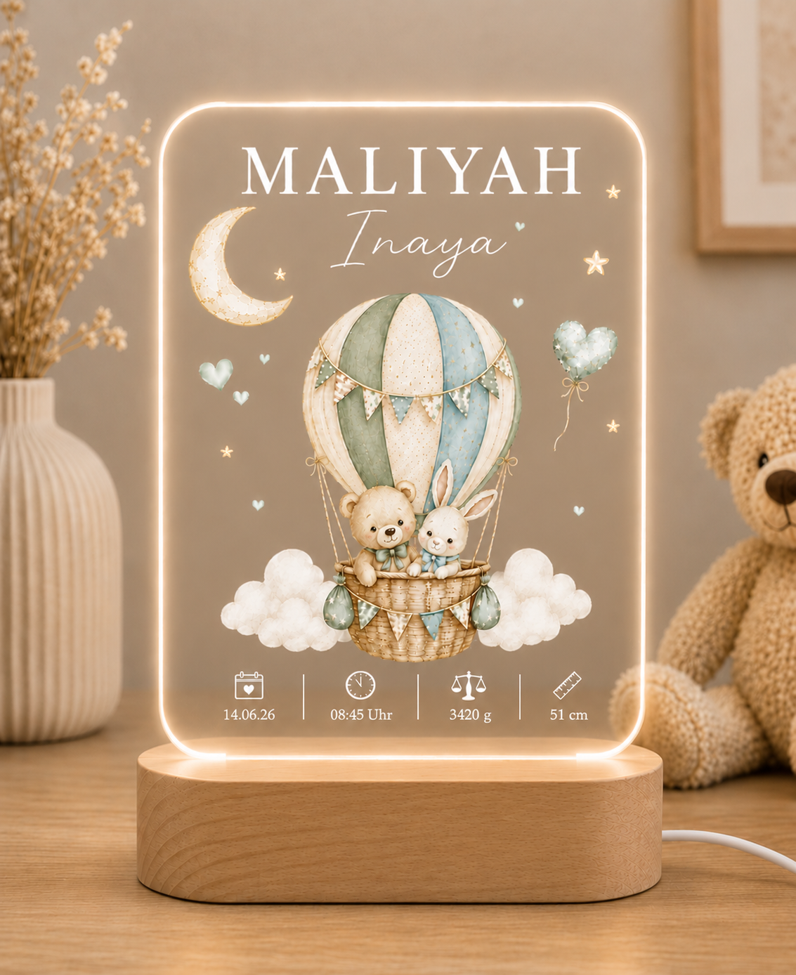 Personalisiertes Nachtlicht mit Gravur und UV-Druck