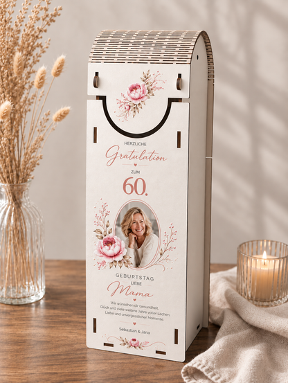 Weinbox aus Holz mit Foto, Name und Alter zum Geburtstag